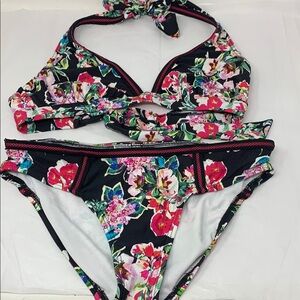 Kenneth Cole New York black floral bikini swimsuit size Large